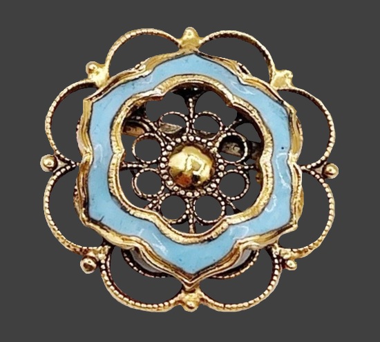 Flower gold tone blue enamel brooch pin