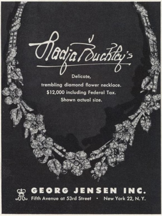 Flower necklace of diamonds, at Georg Jensen, Vogue May 1951 ad