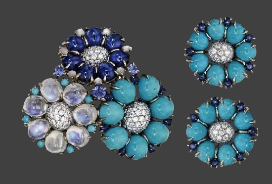 Flower turquoise lapis lazuli diamond mother of pearl 18 K white gold brooch and earclips
