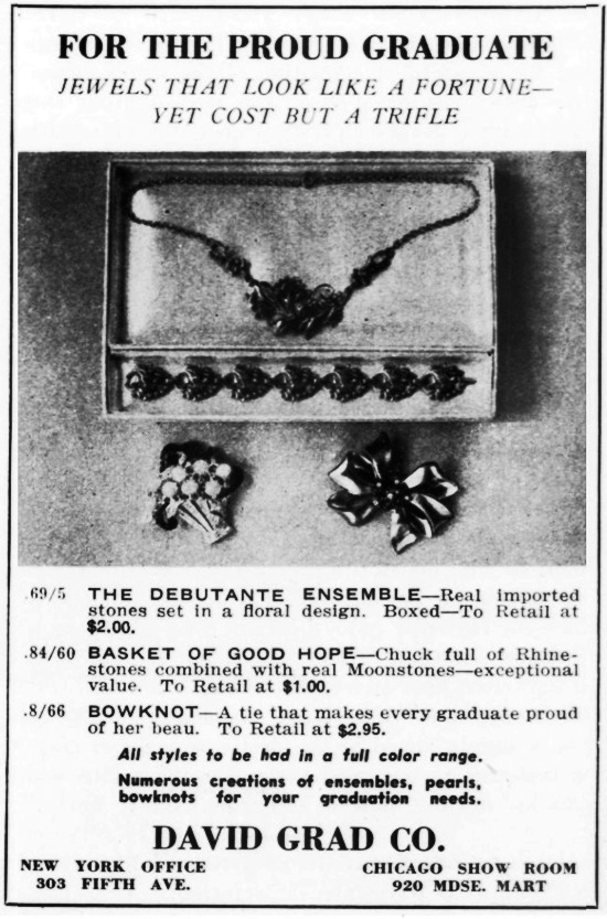 For the proud graduate jewels that look like a fortune, Rhinestones combined with real Moonstones, January 1942 ad