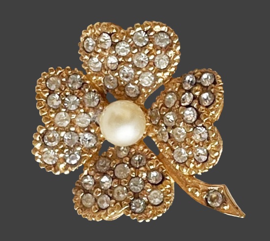 Four-leaf clover gold tone rhinestone brooch