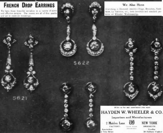 French drop earrings, November 1909 ad