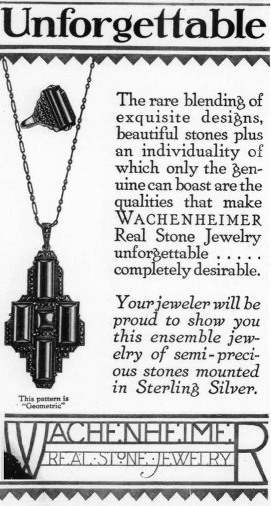 Geometric design of semi-precious jewelry mounted in sterling silver, Vogue November 1929