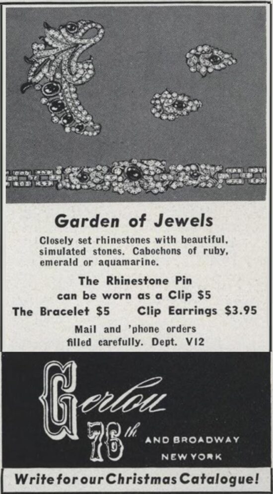 Gerlou Garden of Jewels, Rhinestone pin, bracelet and earrings, Vogue December 1940 ad