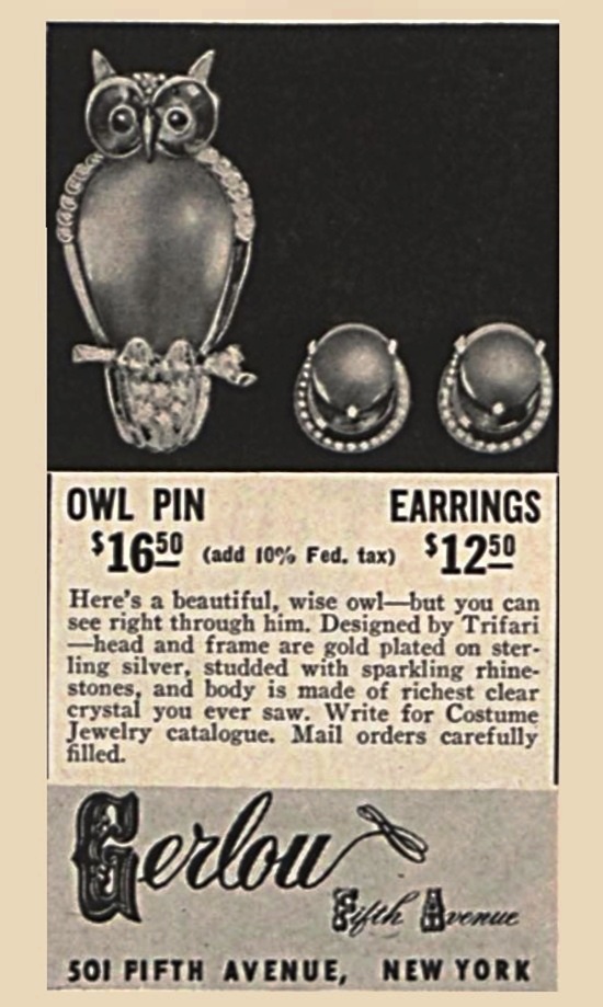 Gerlou Owl pin and earrings, Vogue April 1943 ad