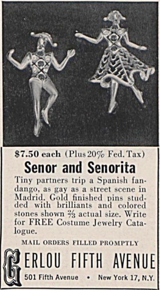 Senior and Seniorita gold finished pins with brilliants and colored stones, March 1948 ad