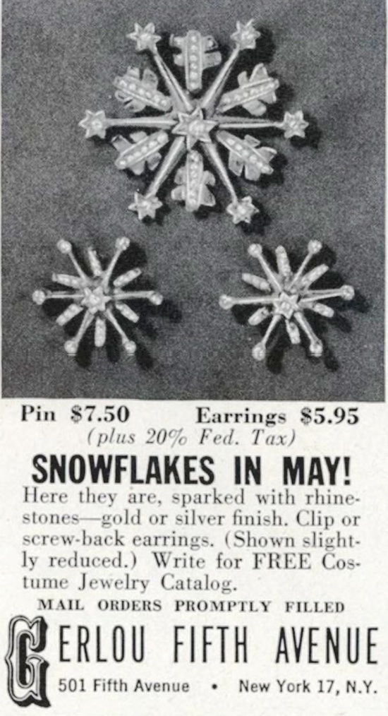 Snowflake pin and earrings, Vogue May 1947 ad