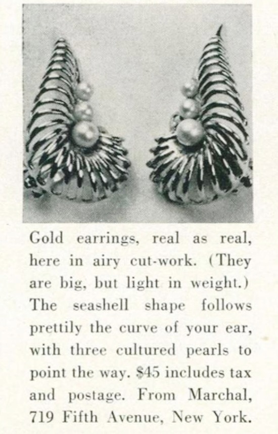 Gold and cultured pearl earrings, Vogue November 1953 ad