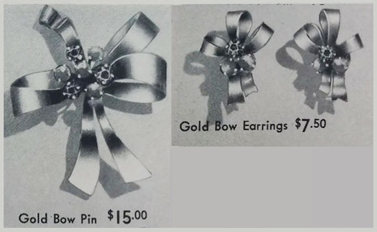 Gold bow pin and earrings, 1944 ad