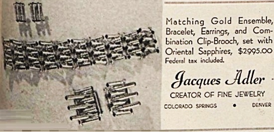 Gold bracelet, earrings and clip brooch set with sapphires, May 1945