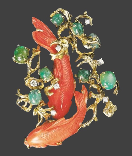 Gold brooch with carved coral fish, diamonds and emeralds