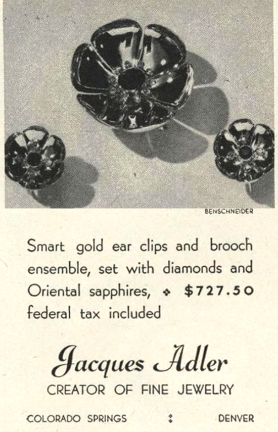 Gold ear clips and brooch set with diamonds and sapphires, Vogue May 1945 ad