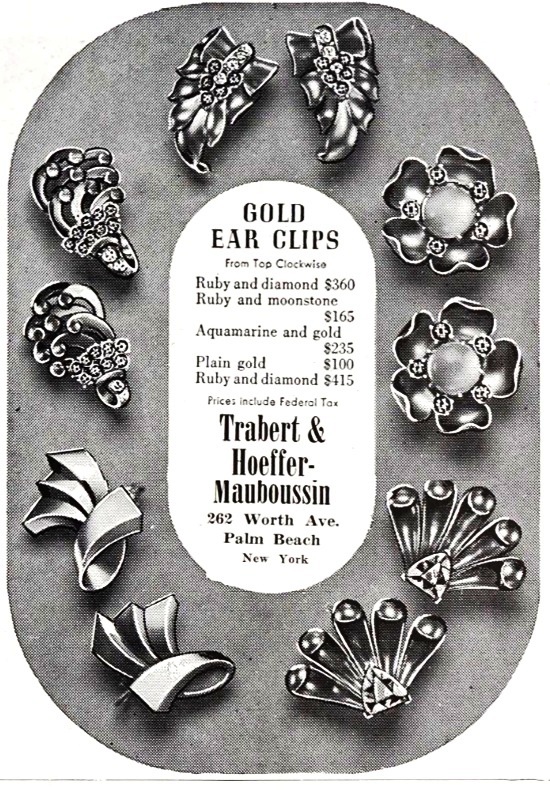 Gold ear clips with precious stones, Palm Beach Life, February 1945 ad