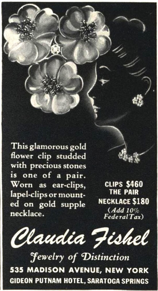 Gold flower clip studded with precious stones, worn as ear-clips, lapel-clips or mounted on gold supple necklace, Vogue May 1943