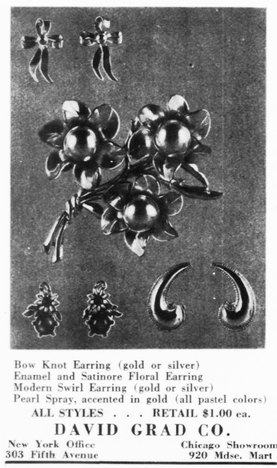 Gold or silver Bow Knot Earring, Enamel and Satinore Floral Earring, Modern Swirl Earring, Pearl Spray. February 1942 ad