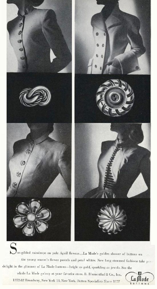 Golden flower buttons, Vogue April 1947