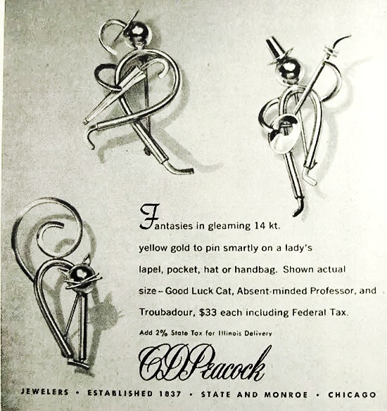 Good Luck Cat, Absent Minded Professor, and Troubadour 14 K gold pins, 1952 ad