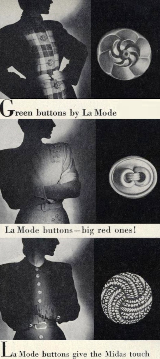 Green and red buttons by La Mode, Vogue October 1947