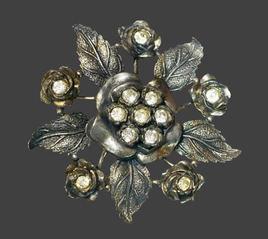 Gun metal rhinestone flower brooch pin