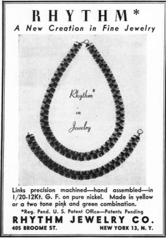 Hand assembled 12 K gold filled on pure nickel jewelry, November 1947