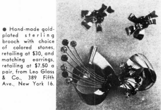 Hand-made gold plated sterling brooch and earrings, March 1946 ad