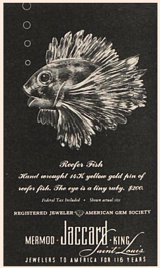 Hand wrought 14 K yellow gold Refer Fish brooch, Vogue May 1946 ad