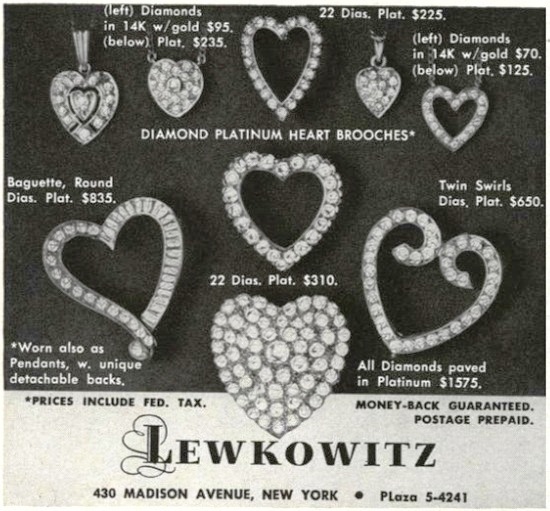 Heart design gold and diamond brooches and pendants, Vogue May 1961
