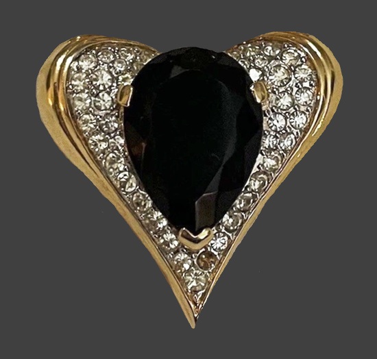 Heart gold tone, rhinestones, black onyx brooch pin