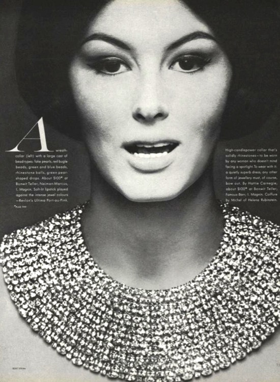 High-candlepower rhinestone collar by Hattie Carnegie, about $100, Vogue November 1960