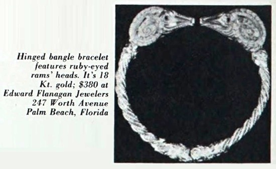 Hinged bangle bracelet features ruby-eyed rams’ heads. It’s 18 gold; $380, March 1971 ad