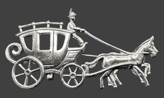 Horse and carriage sterling silver brooch