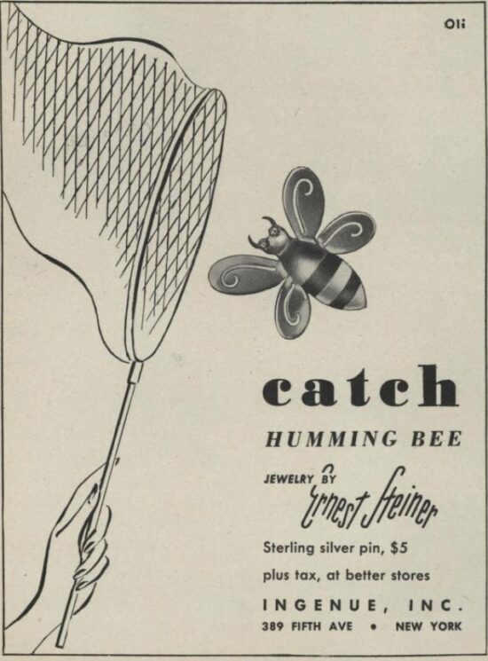Humming bee sterling silver pin, Vogue March 1945 ad