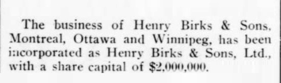 Incorporation of Henry Birks & Sons, December 1905 note