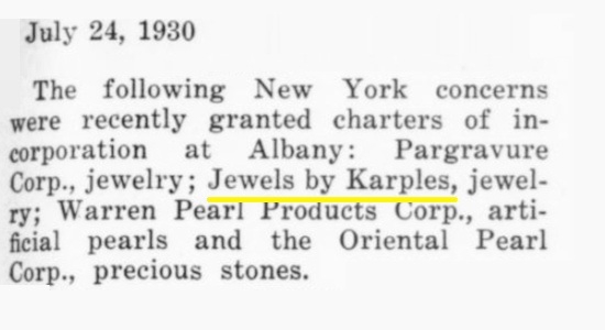 Incorporation of Jewels by Karples, July 24, 1930