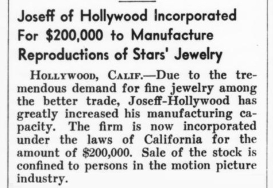 Incorporation of Joseff-Hollywood firm, March 1939 note