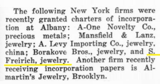 Incorporation of S. Freirich, April 1930 note