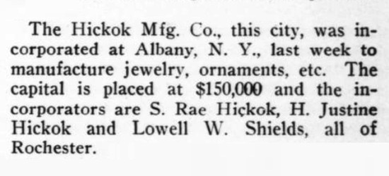 Incorporation of the Hickok Mfg Co, May 1917