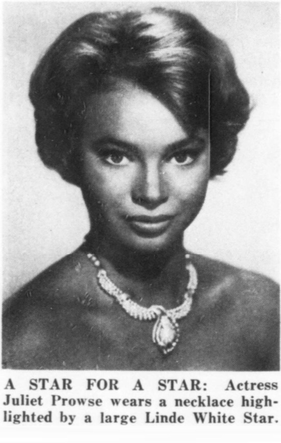 Juliet Prowse wearing ‘The White Rajah’ necklace combining yellow karat gold and platinum, 161 cultured pearls, 23 round rubies and 31 full-faceted diamonds