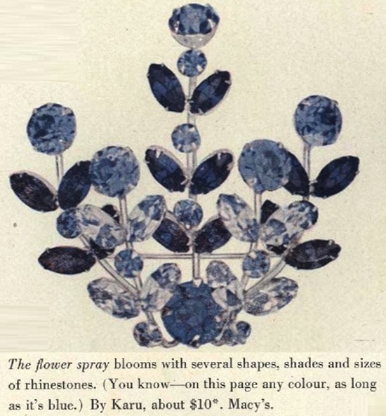 Karu The flower spray blooms with several shapes, shades and sizes of rhinestones, about $10, Vogue September 1951 ad