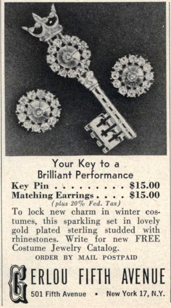 Key pin and matching earrings, Vogue October 1946 ad