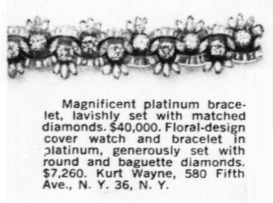 Kurt Wayne Floral-design Platinum bracelet, set with diamonds, $40,000. November 1951