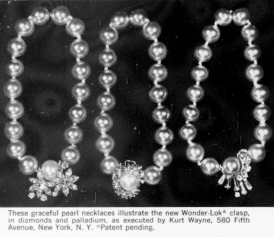 Kurt Wayne Pearl necklaces with the new Wonder-Lok clasp in diamonds and palladium, October 1961