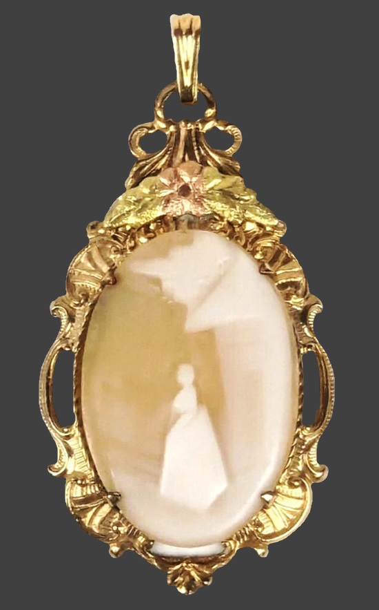 Lady in white carved shell cameo 12 K gold filled pendant