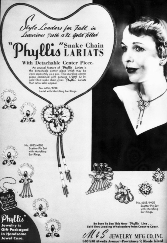 'Lariat', a costume jewelry set from M. & S. Jewelry Mfg. Co., makers of the original Phyllis jewelry. The removable centerpiece can be worn as a stand-alone brooch. June 1949 ad