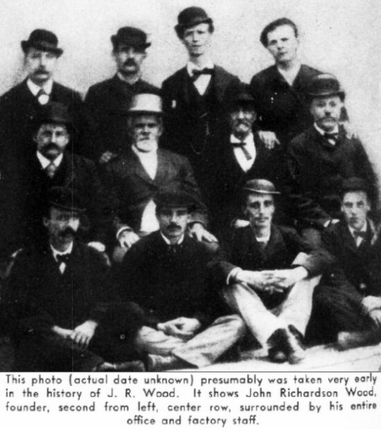 Late 19th century photo of JR Wood office and factory staff, John Richardson - second from left