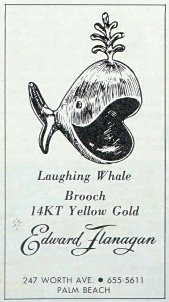 Laughing whale 14 K gold brooch, December 1974 ad