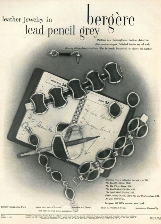 Leather jewelry, Vogue August,1954 ad
