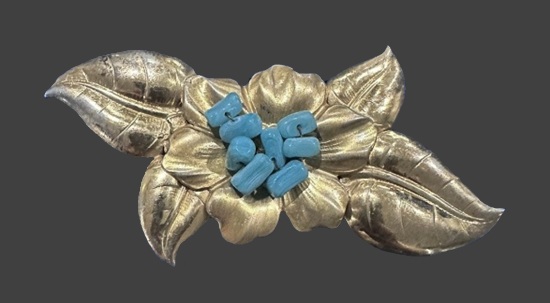 Leaves and flower Gold plated sterling silver turquoise chip brooch