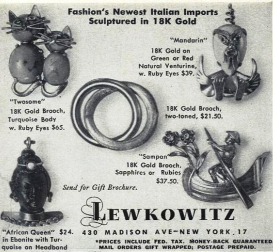 Lewkowitz Sculpted in 18 K gold brooches, Vogue November 1960