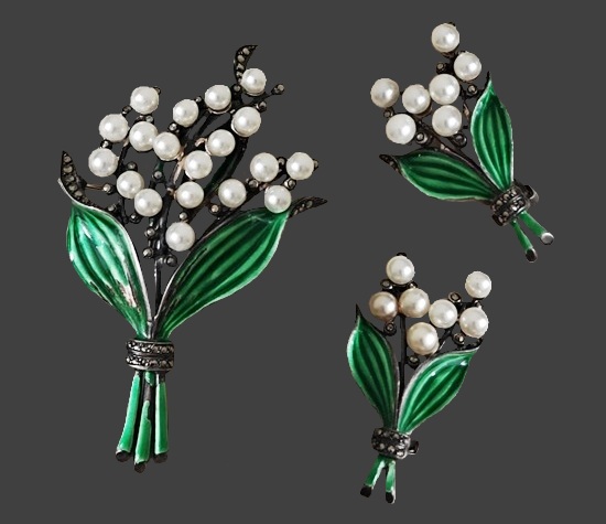 Lily of the valley sterling silver faux pearl marcasite stones brooch and earrings